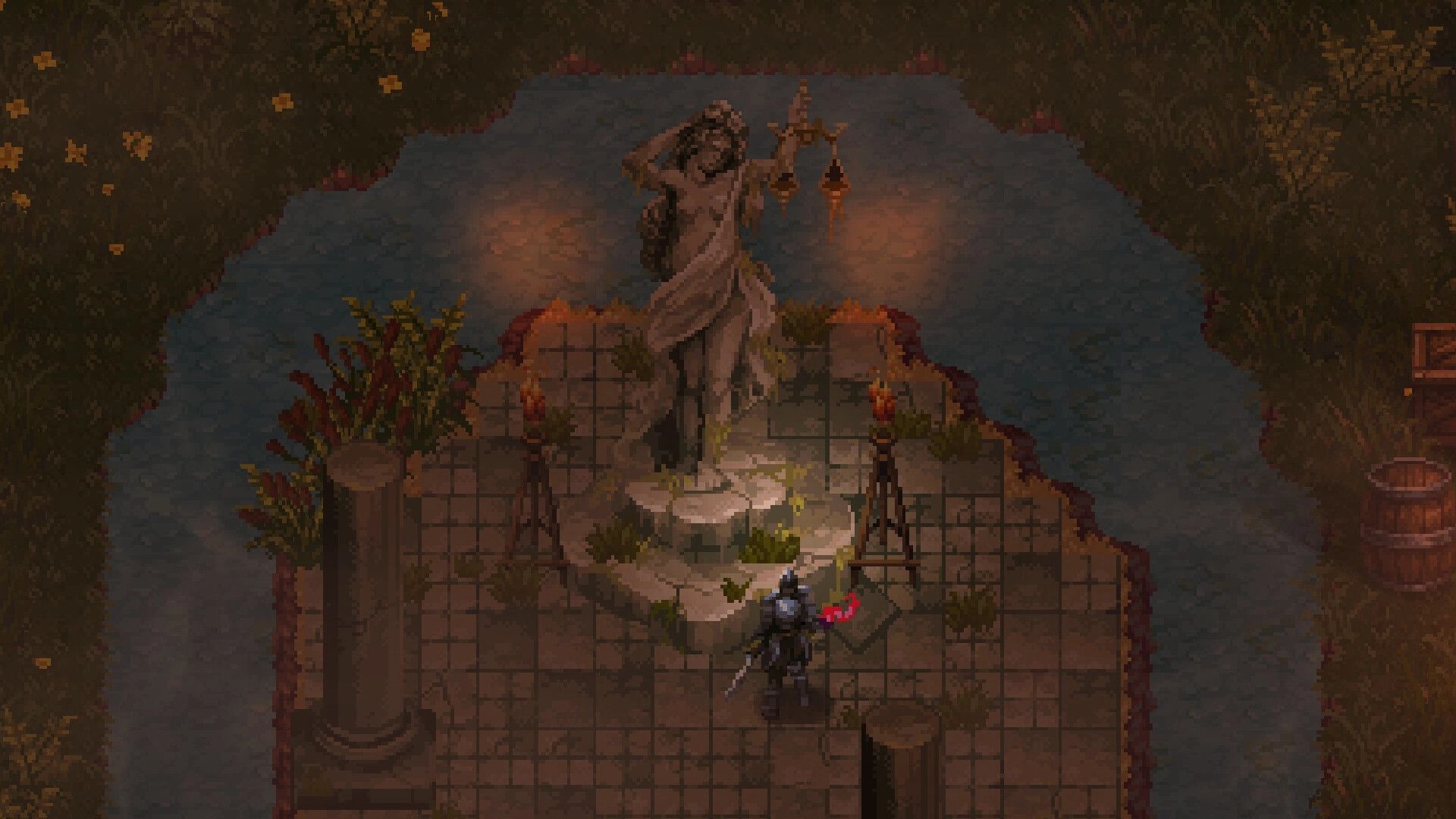 Cursemark: Player character gazes at a large stone statue surrounded by torches in a mysterious ruin.