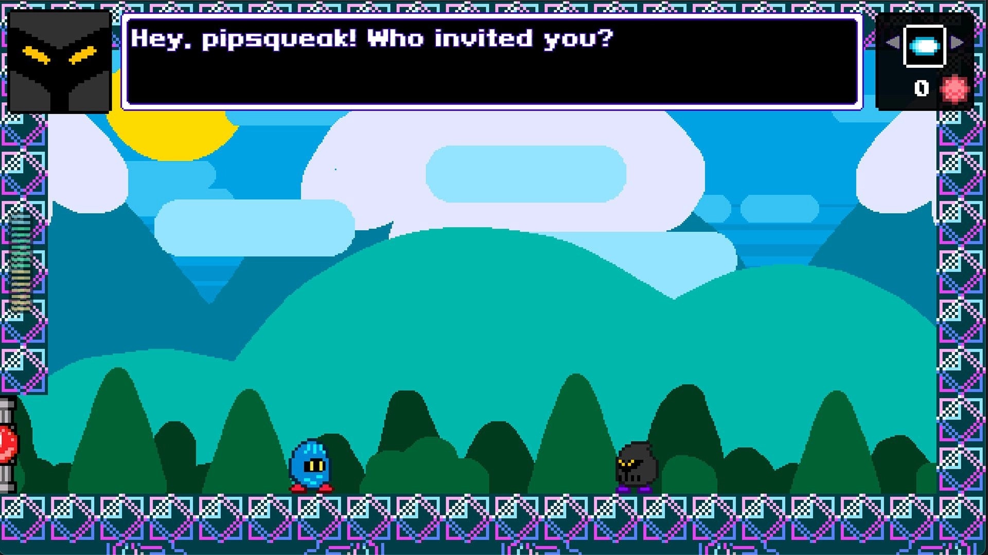 Cute Patoots: Blue character encounters shadowy figure on pixelated forest platform with dialogue box.