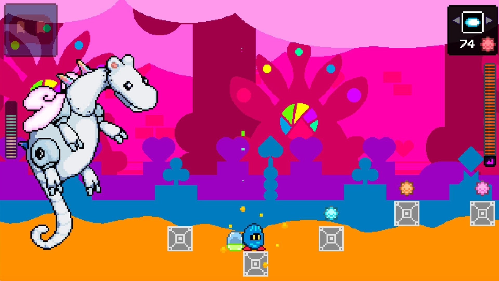 Cute Patoots: Robot dinosaur and blue character in vibrant pink and orange pixelated platformer level