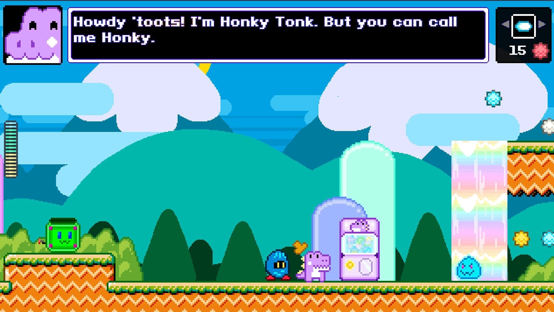 Cute Patoots: Character Honky Tonk greets player beside vending machine in colorful pixelated landscape