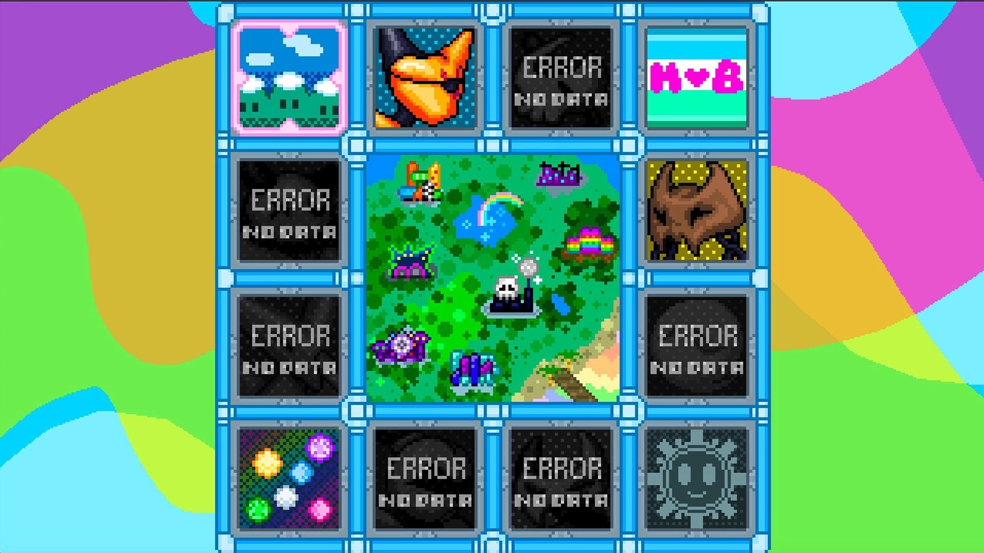 Cute Patoots: Colorful world map with icons, surrounded by error messages, and a vibrant background