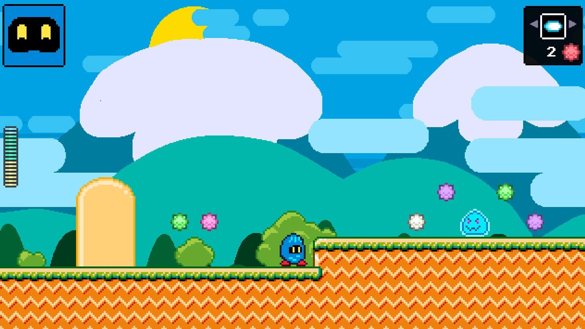 Cute Patoots: Blue character platforming with collectibles in a colorful, pixelated landscape.