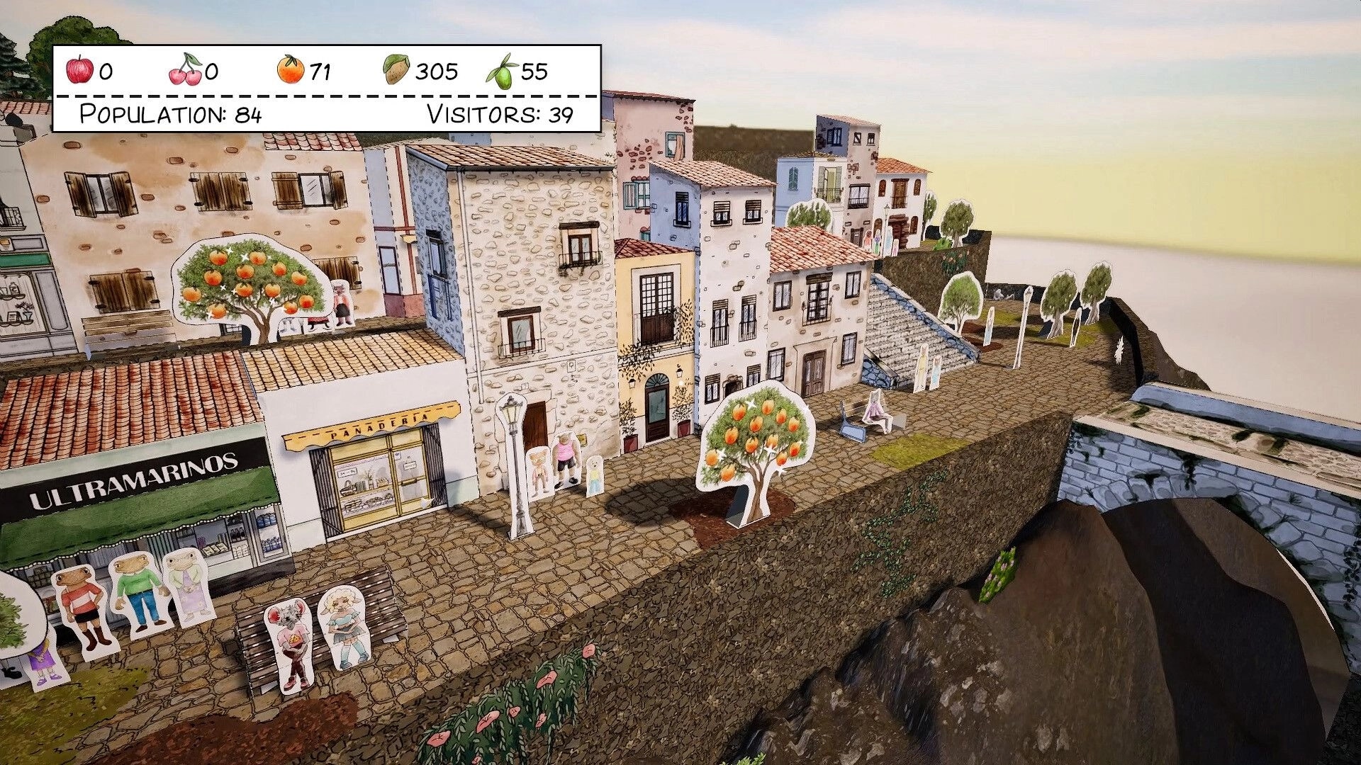 Cutout Village: Village street with paper townsfolk and orange trees beside hillside homes, resource UI bar.