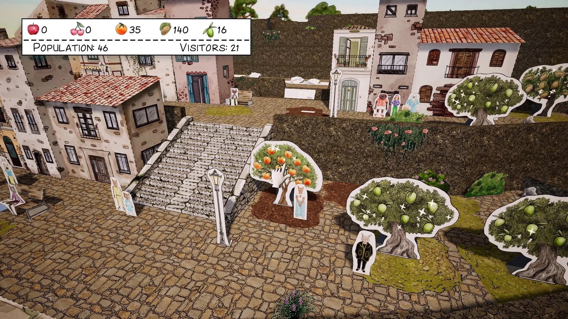 Cutout Village: Village overview with resource bar, paper villagers and fruit trees on cobblestone streets.
