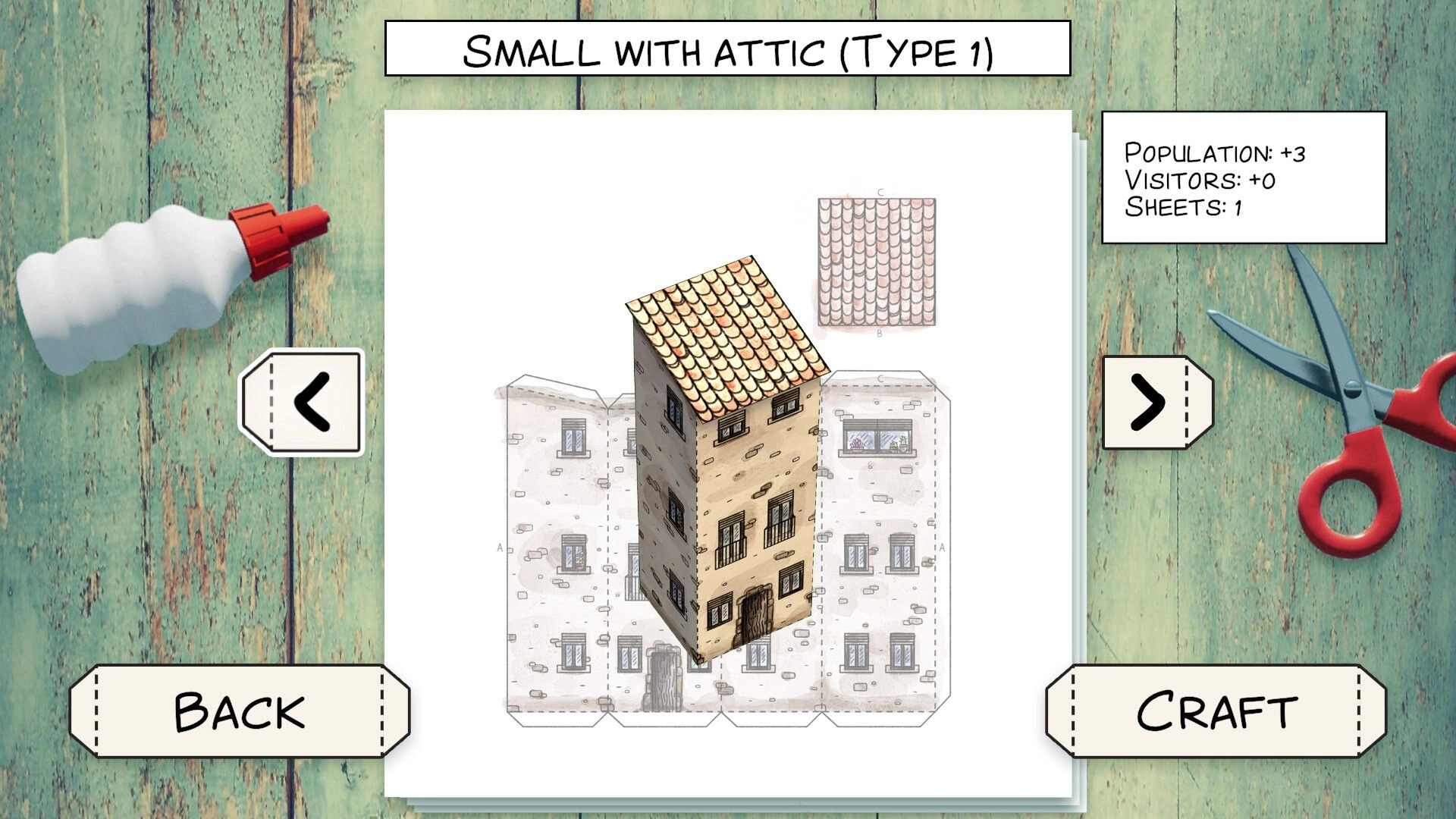 Cutout Village: Crafting menu folding a small attic house papercraft on a wooden table UI.
