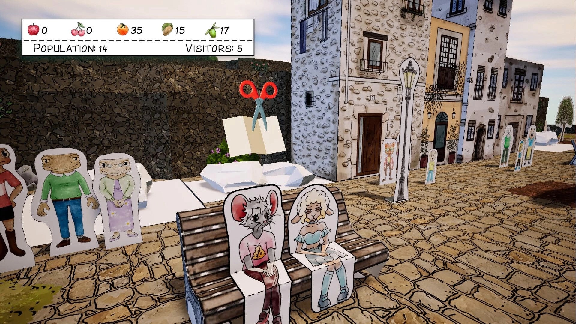 Cutout Village: Paper cutout villagers on a cobblestone street beside folded paper pieces and UI counters.