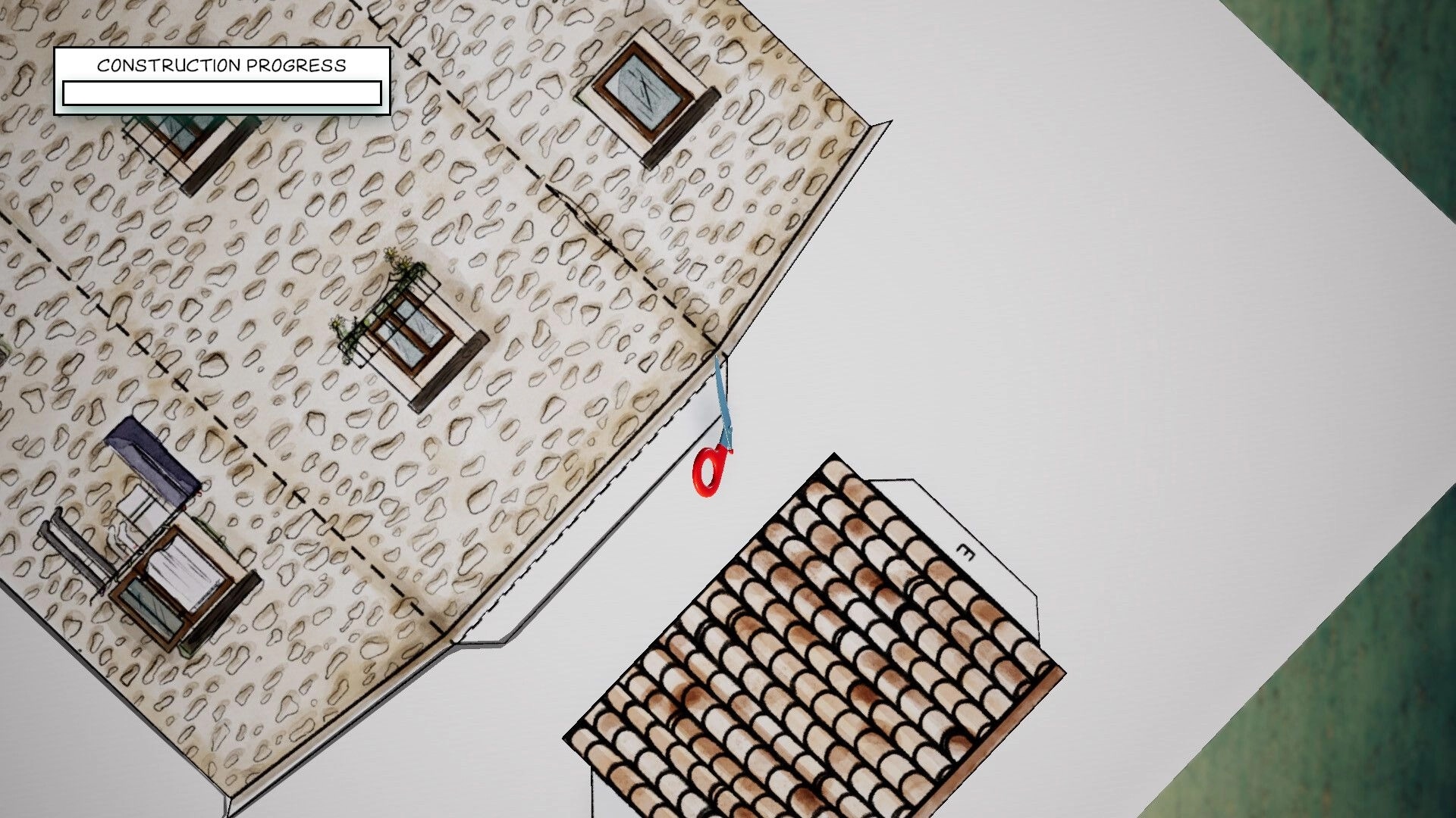 Cutout Village: Scissors cutting along dashed fold line on paper house wall, construction progress UI up top.