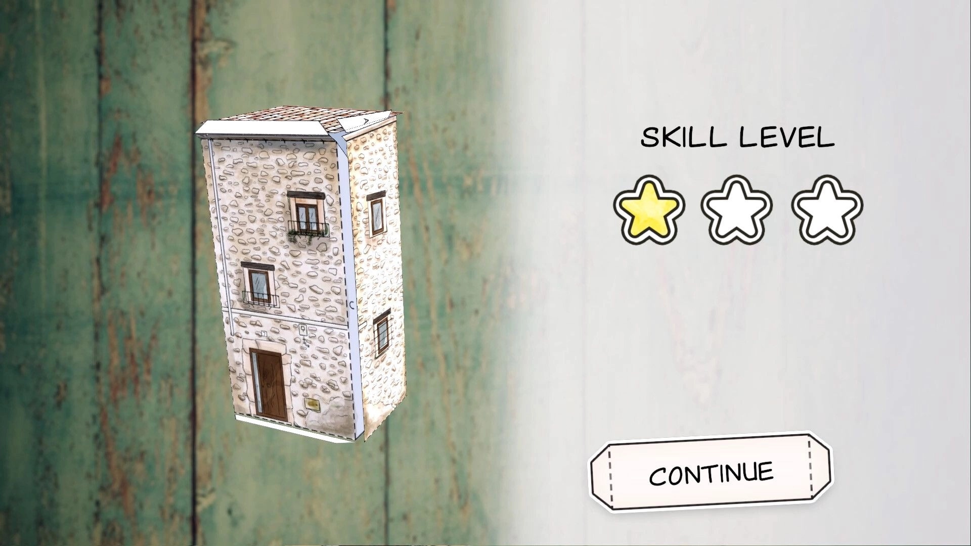 Cutout Village: Paper-folded stone house preview with skill level stars and Continue button on menu screen.
