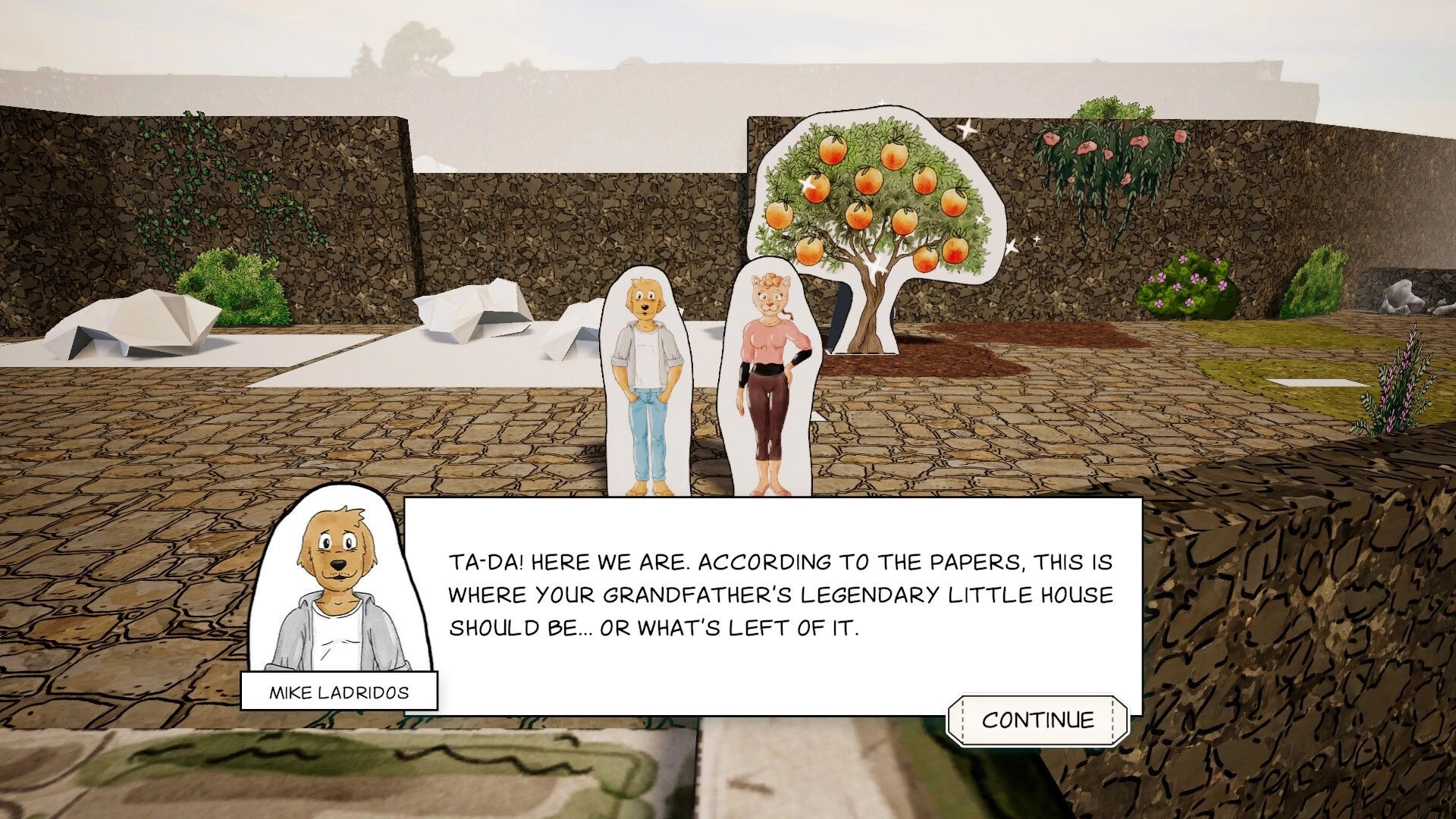 Cutout Village: Dialogue box with Mike Ladridos beside two paper characters in a stone courtyard scene.