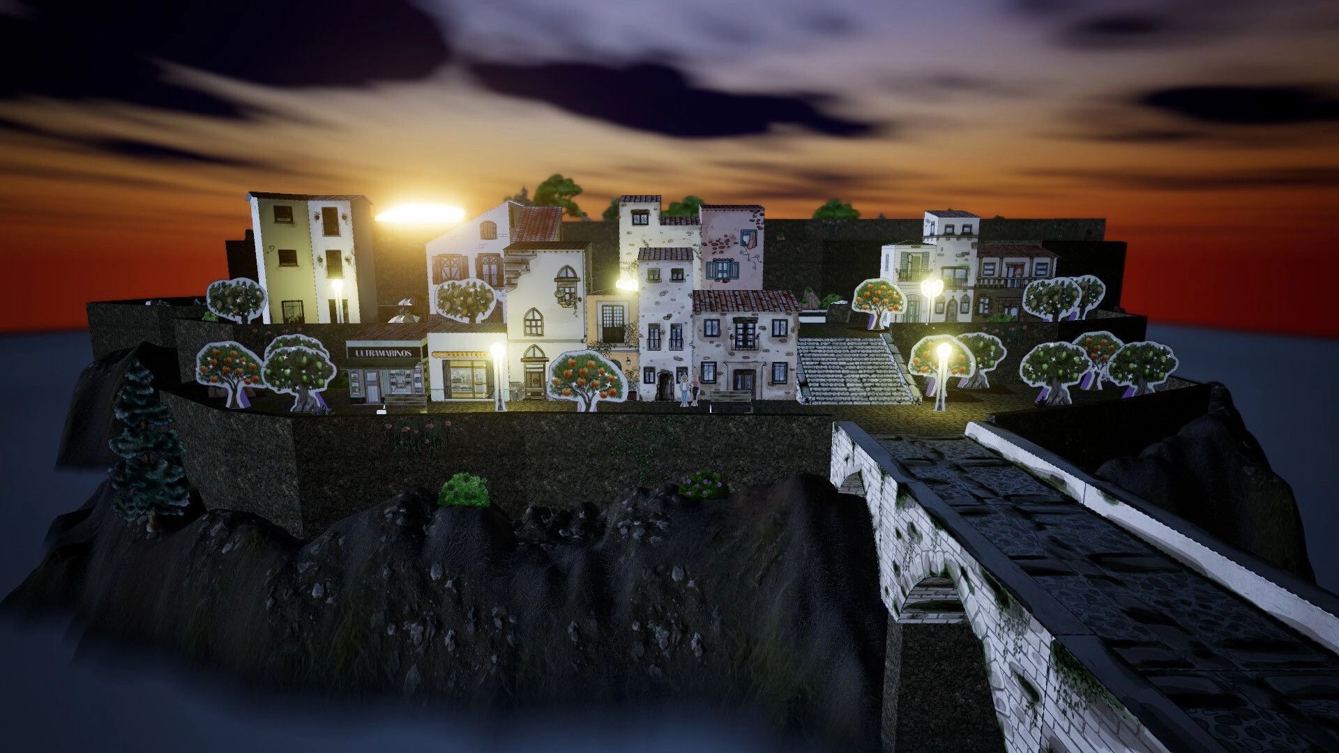 Cutout Village: Paper-cut cliffside village with lit streetlamps and orange trees at sunset sky backdrop.