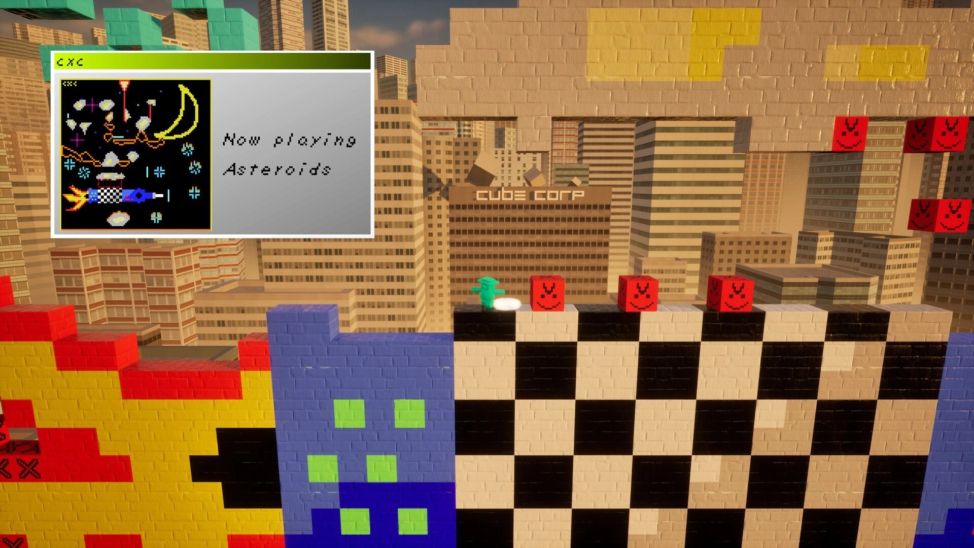 CxC: Green character on pixelated city rooftop next to red blocks; inset shows "Now playing Asteroids"