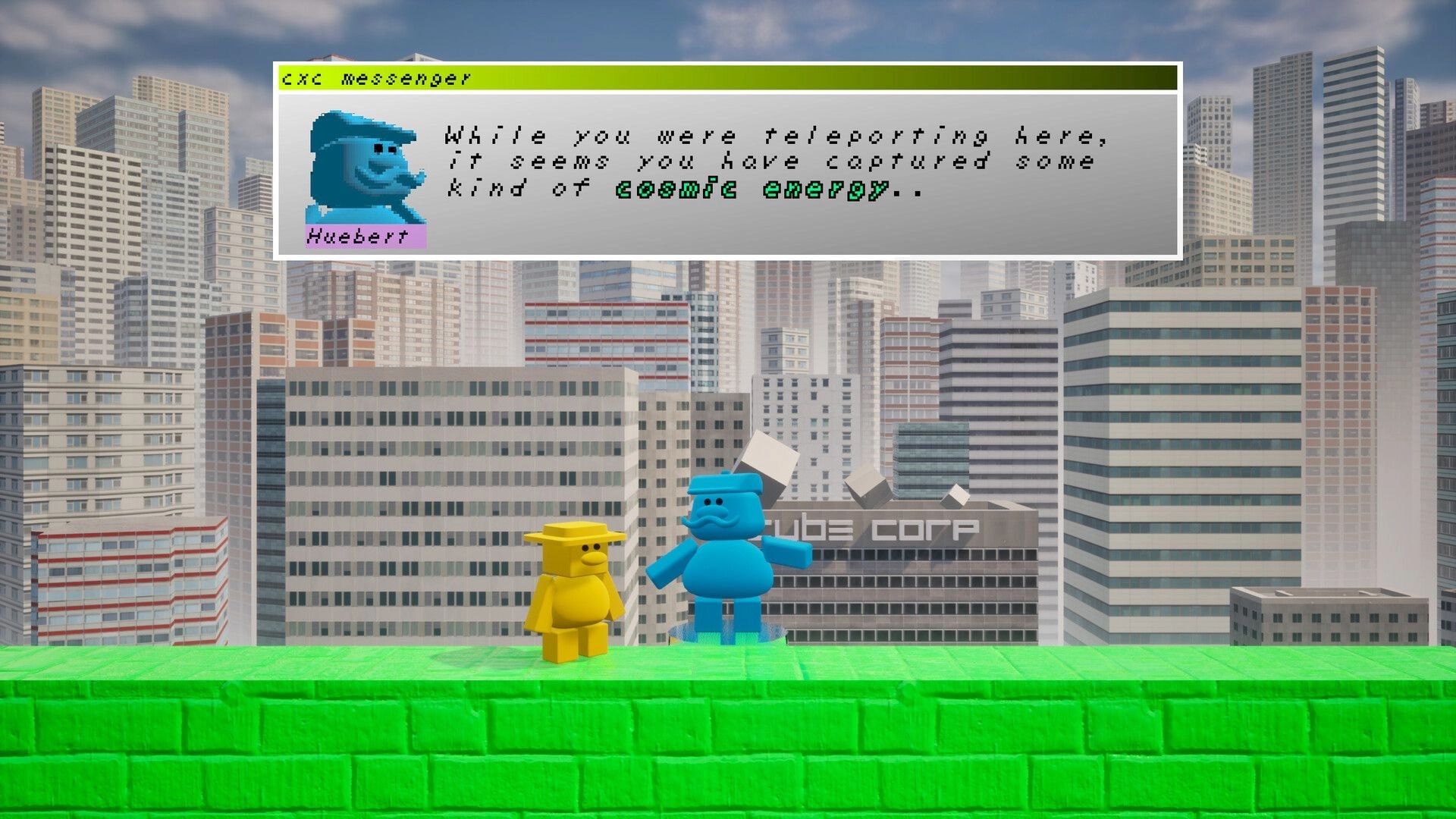 CxC: Huebert converses on a green platform with a yellow character against a city skyline backdrop.