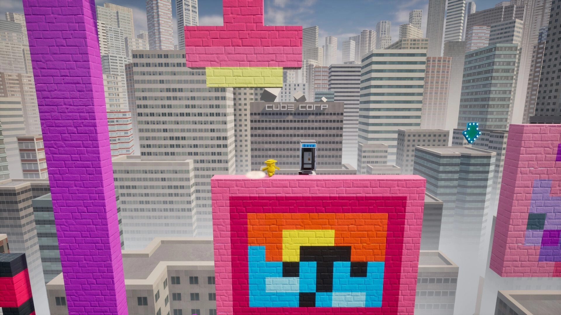 CxC: Yellow character running on pink pixelated platform with save point, city skyline in background