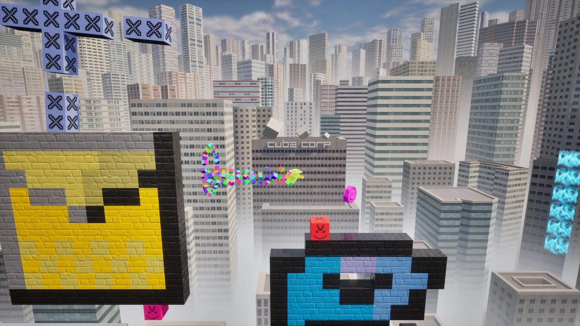 CxC: Pixelated character jumps between colorful blocks above a cityscape with tall buildings.