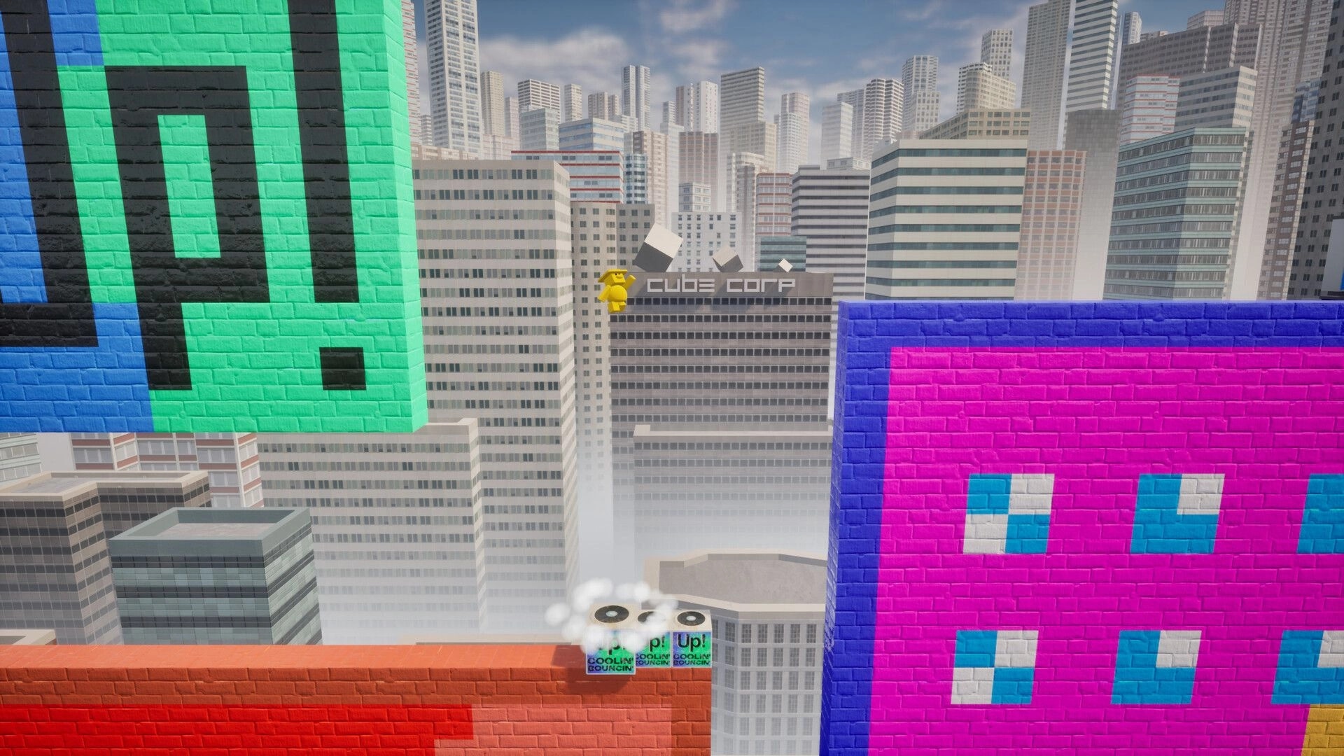 CxC: Character jumping between colorful blocks in a cityscape with Cube Corp building in the background.