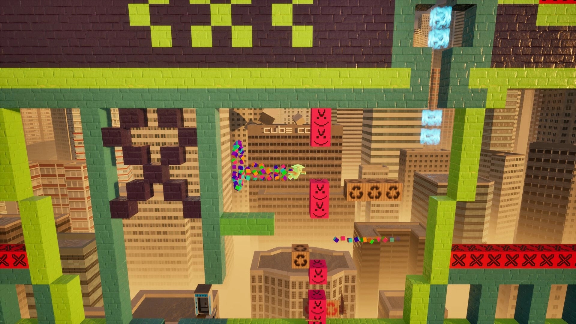CxC: Player navigating colorful pixel art maze with smiling pink barriers in a cityscape environment