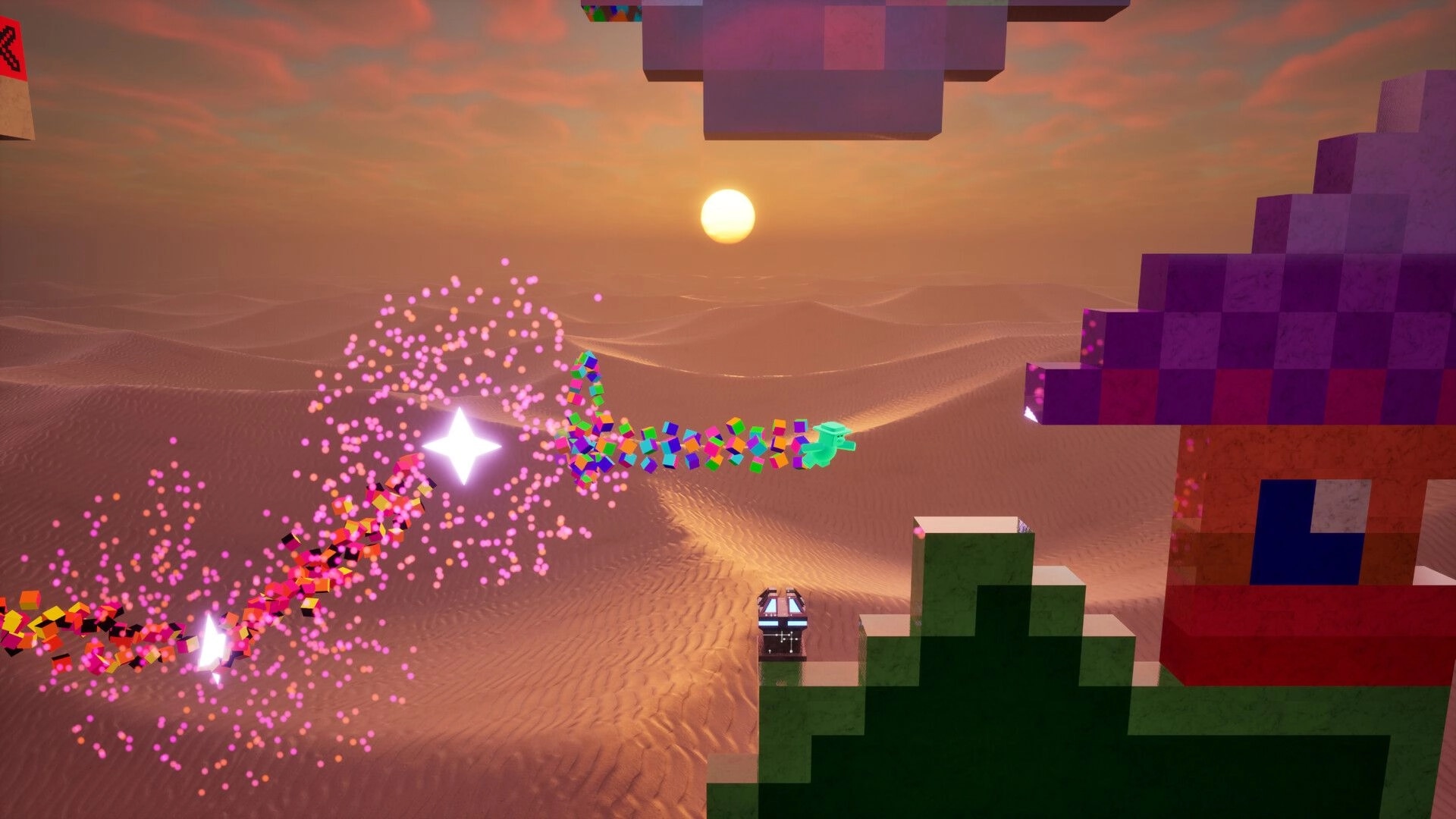 CxC: Pixel art character jumps over green blocks with sparkles and sunset in a desert environment
