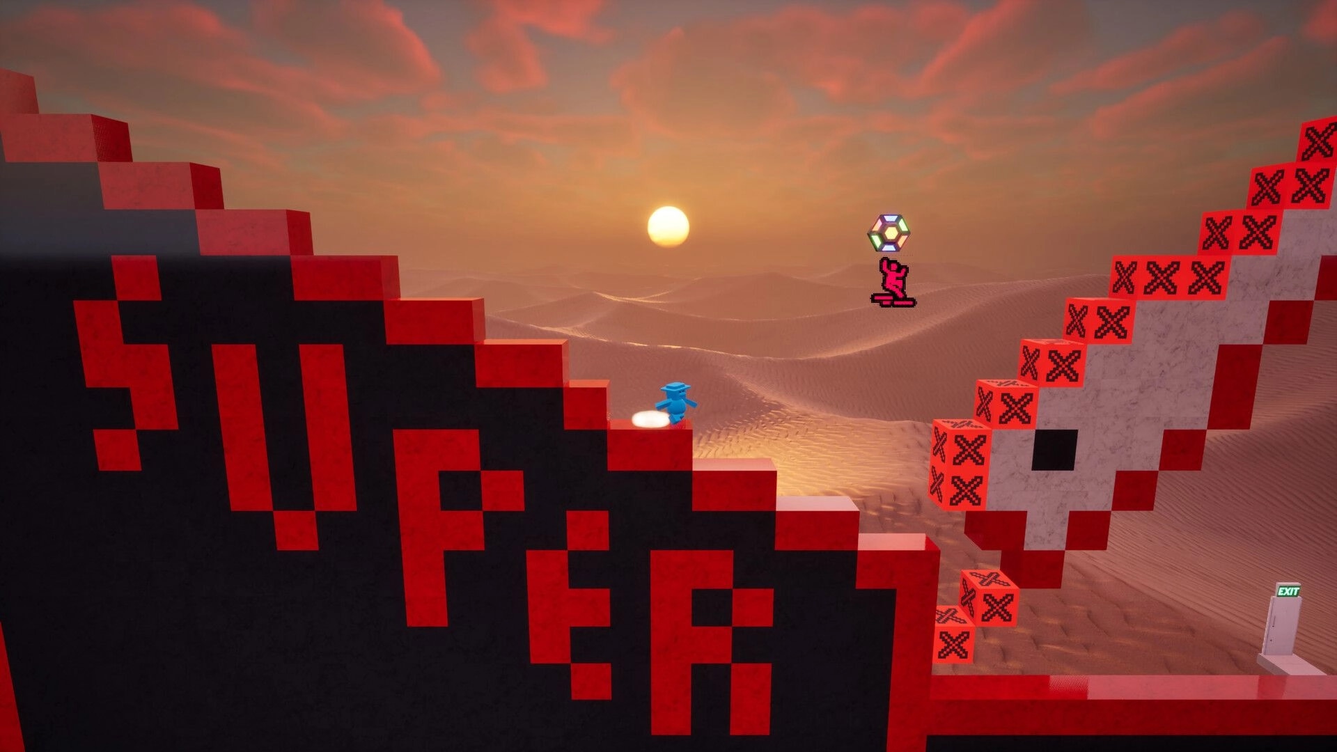 CxC: Blue character navigates pixel art stairs with "SUPER" text, sunset desert and exit door visible