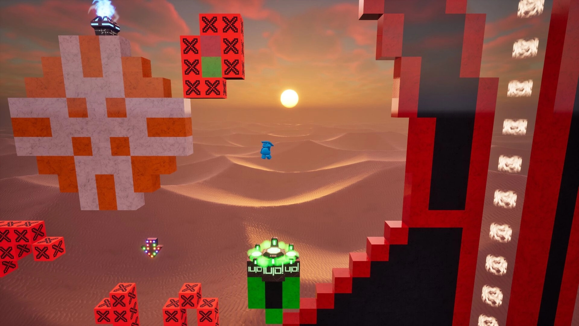 CxC: Blue character jumps between pixelated platforms with a sunset over desert dunes in the background.