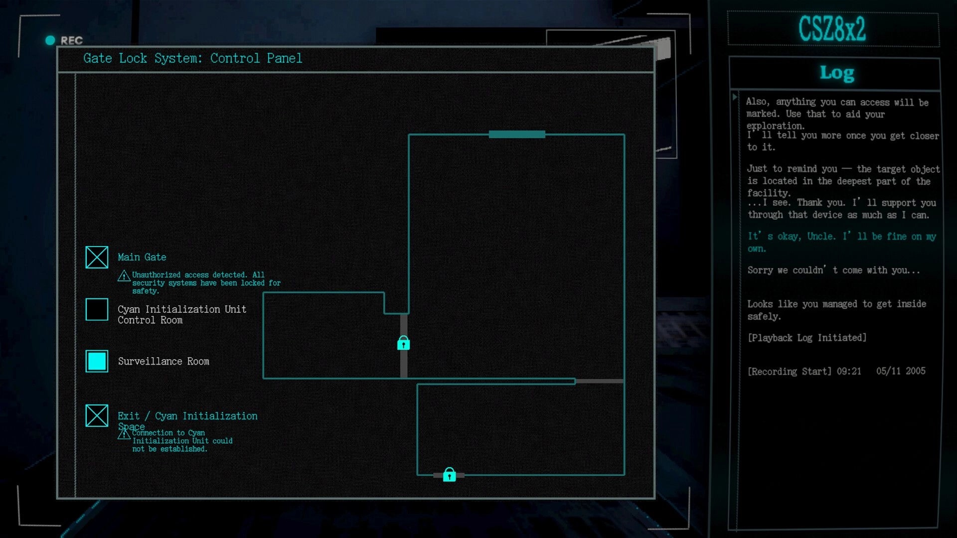 Cyan Heart: Gate Lock System control panel map with locked nodes and log text on right UI overlay.