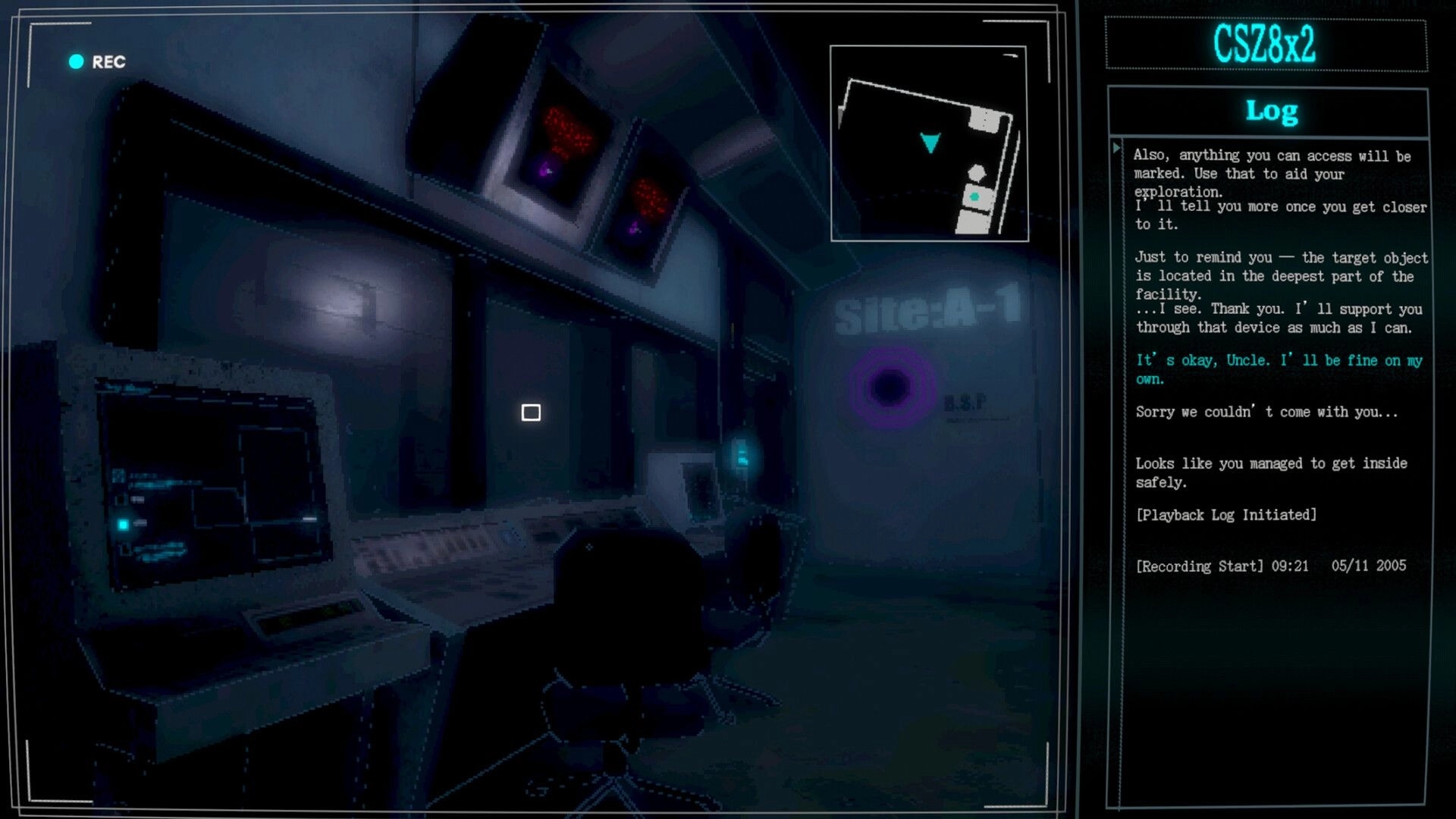 Cyan Heart: REC camera view with minimap and log UI in a dim lab control room marked Site A-1.