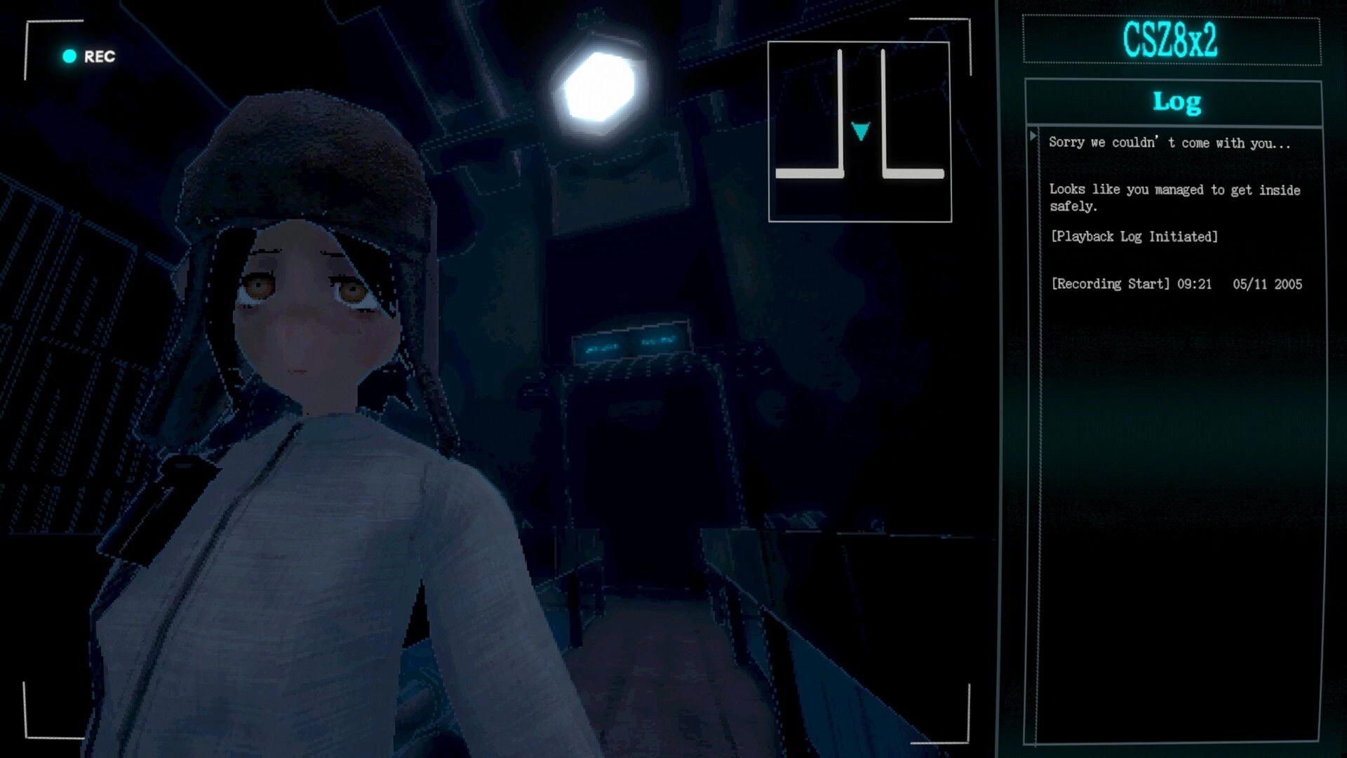 Cyan Heart: Selfie view of a girl in winter hat with REC HUD and log panel in dark corridor.