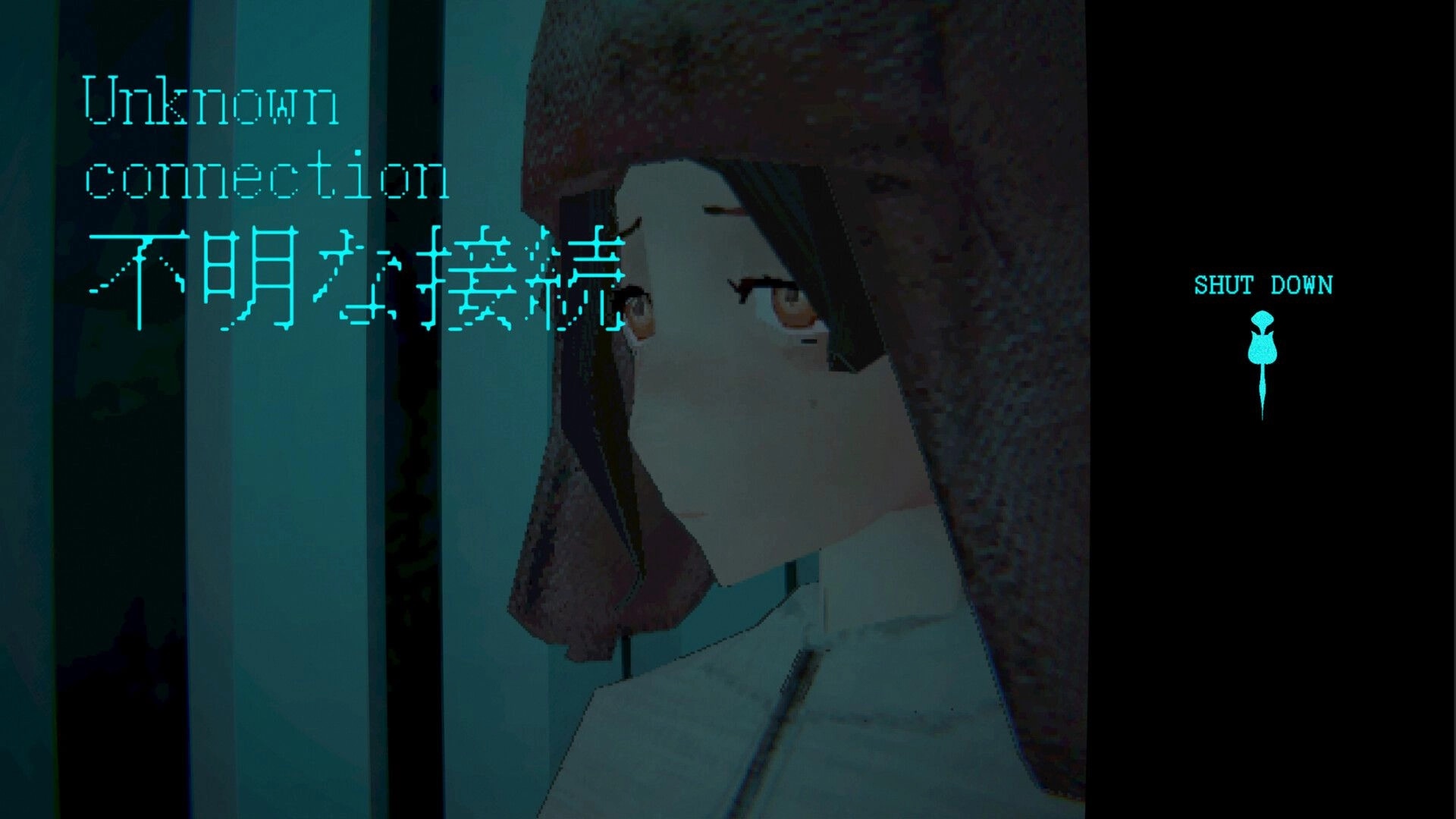 Cyan Heart: Close-up menu with girl under towel hood, Unknown connection text and Shut Down option on black UI.