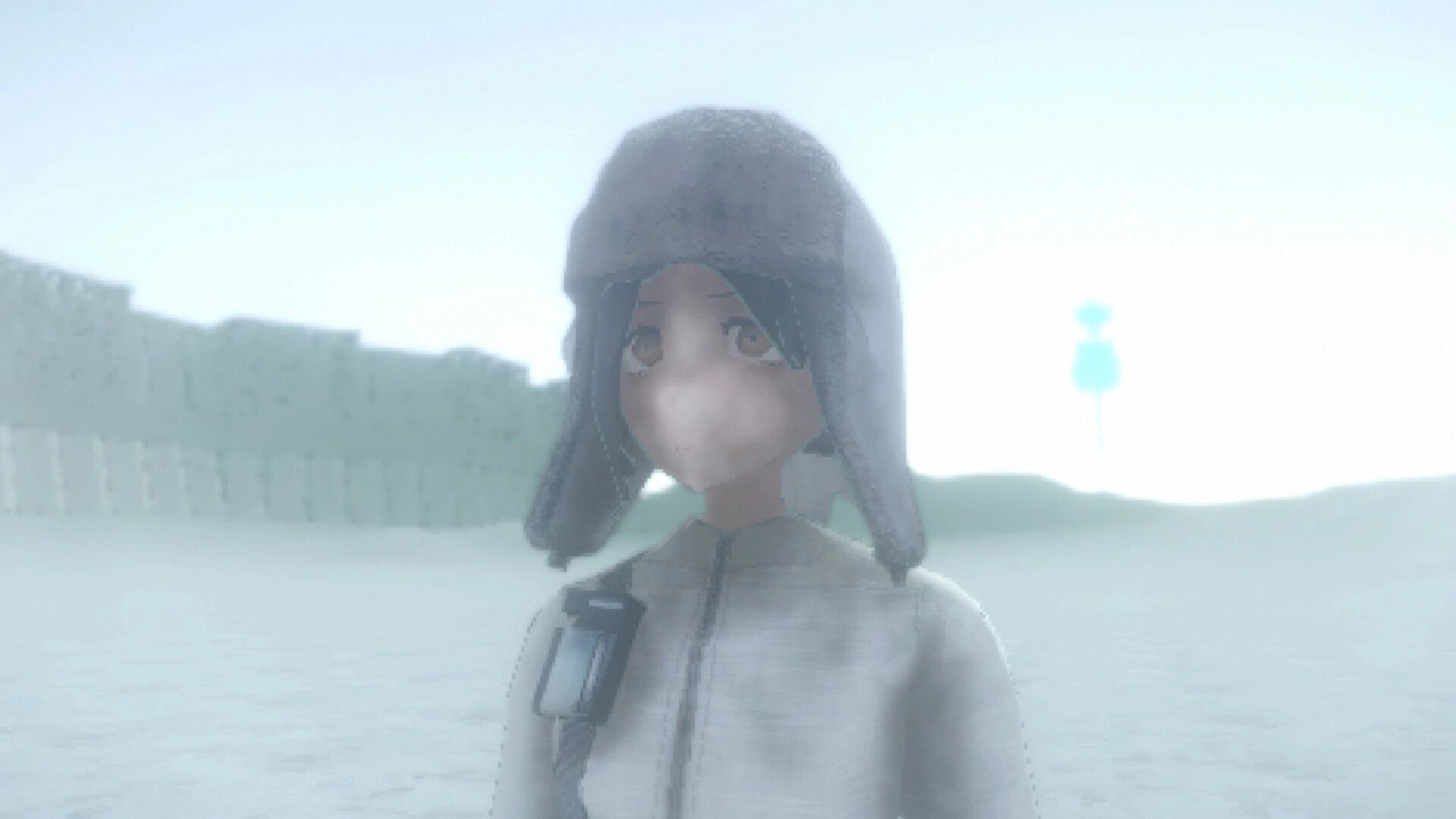 Cyan Heart: Close-up of girl in fur hat with radio harness standing in foggy snowy field.