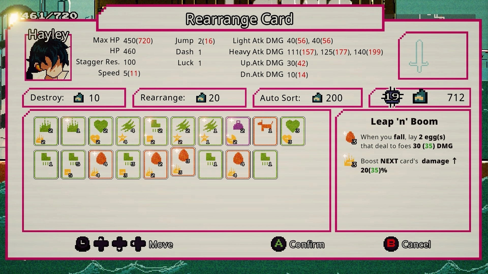 Cyber Paradise: Hayley character card rearrangement menu with stats and skill cards displayed
