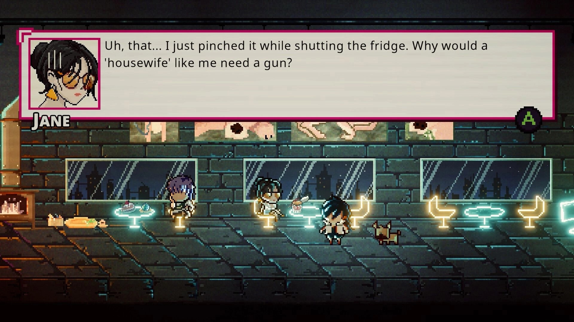 Cyber Paradise: Jane converses in a neon-lit cyber cafe with characters and Mini-the-dog nearby.