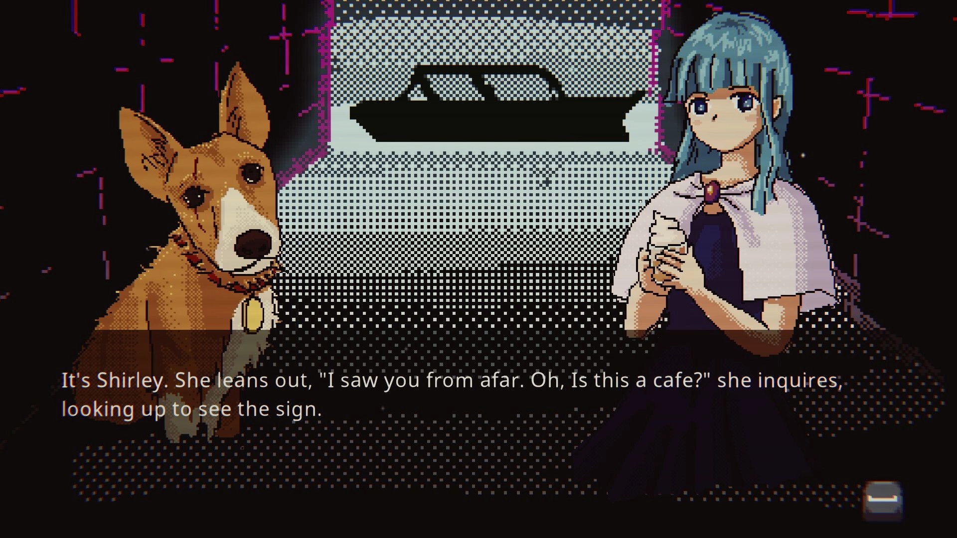 Cyber Paradise: Shirley converses with Mini-the-dog outside neon-lit cafe, car silhouette visible