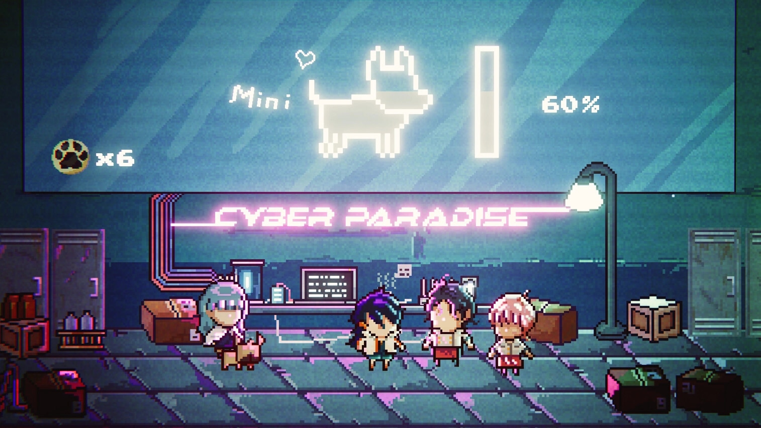Cyber Paradise: Mini-the-dog hologram with progress bar in neon-lit cafe setting with four characters