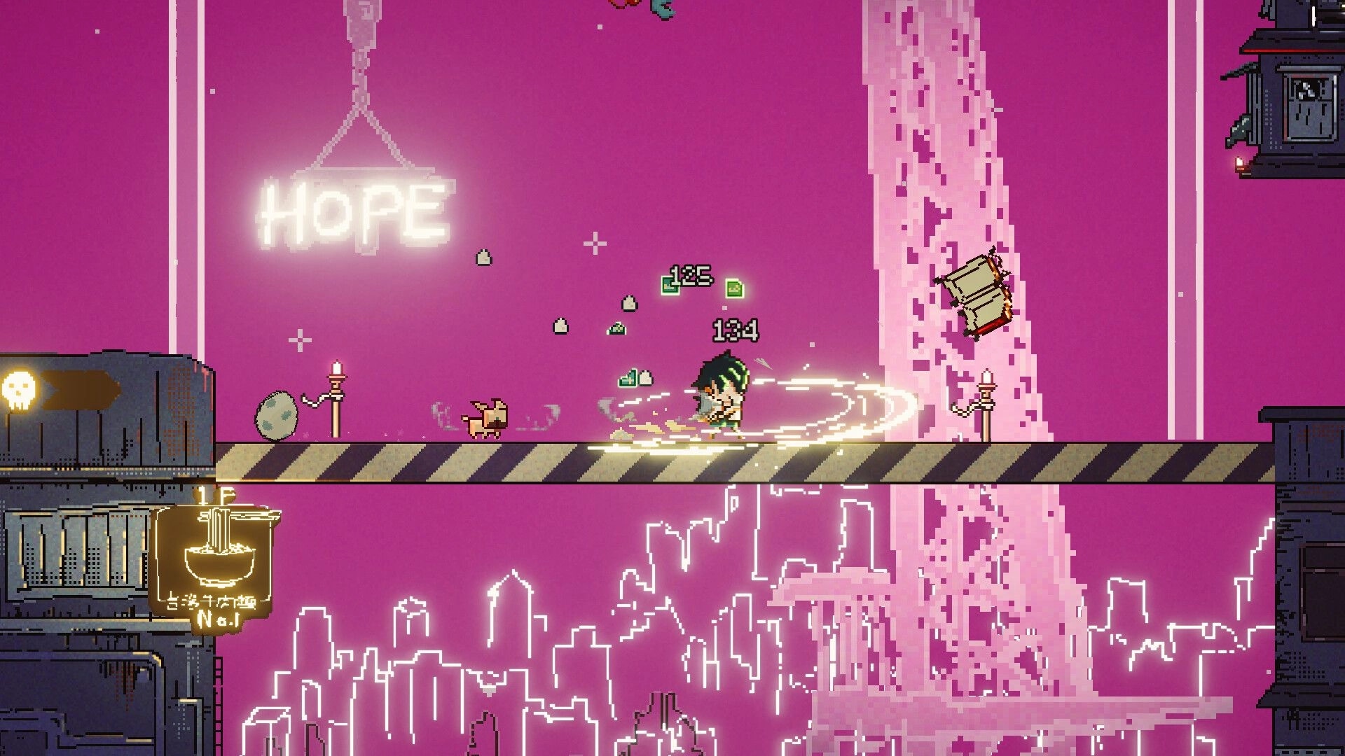 Cyber Paradise: Mini-the-dog and player battle on neon bridge with "Hope" sign in pink cyberpunk cityscape