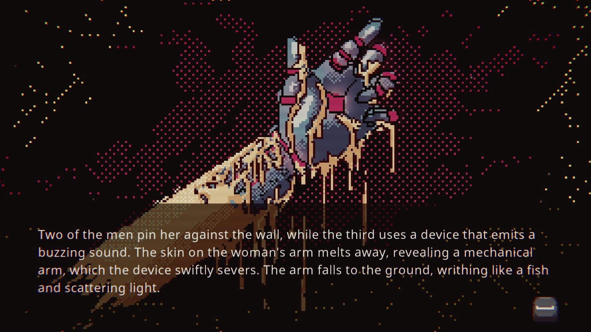 Cyber Paradise: Severed mechanical hand in neon-lit cyberpunk scene with overlay text narrative