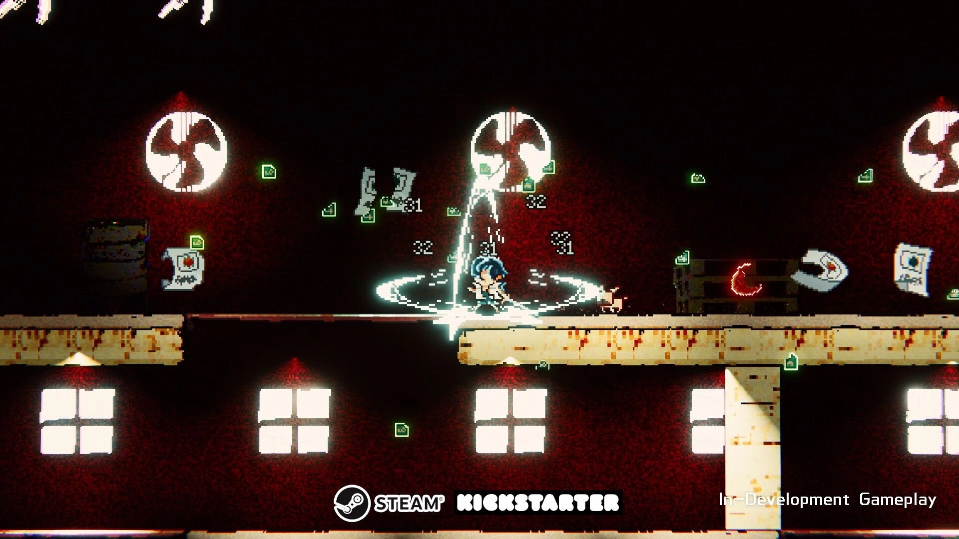 Cyber Paradise: Blue-haired character battles on catwalk in neon-lit industrial environment