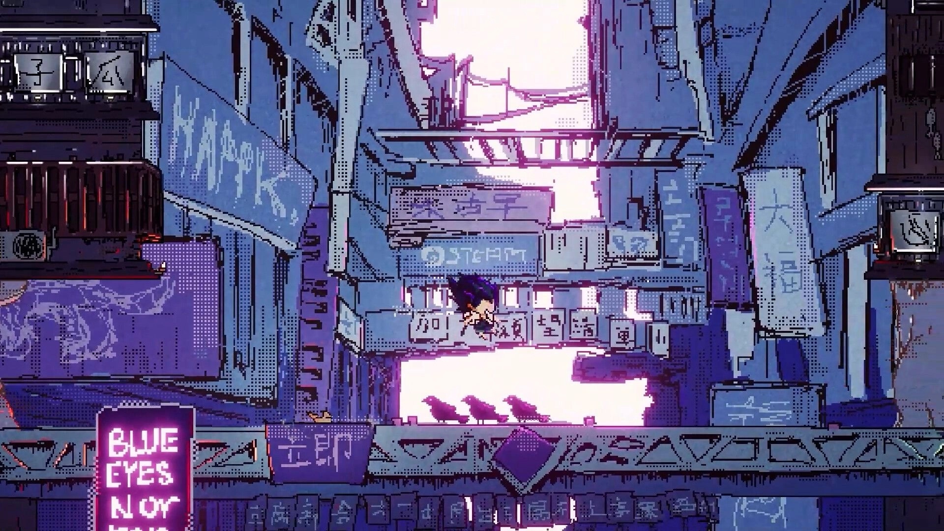 Cyber Paradise: Character leaping across neon-lit rooftops in a bustling, futuristic cityscape