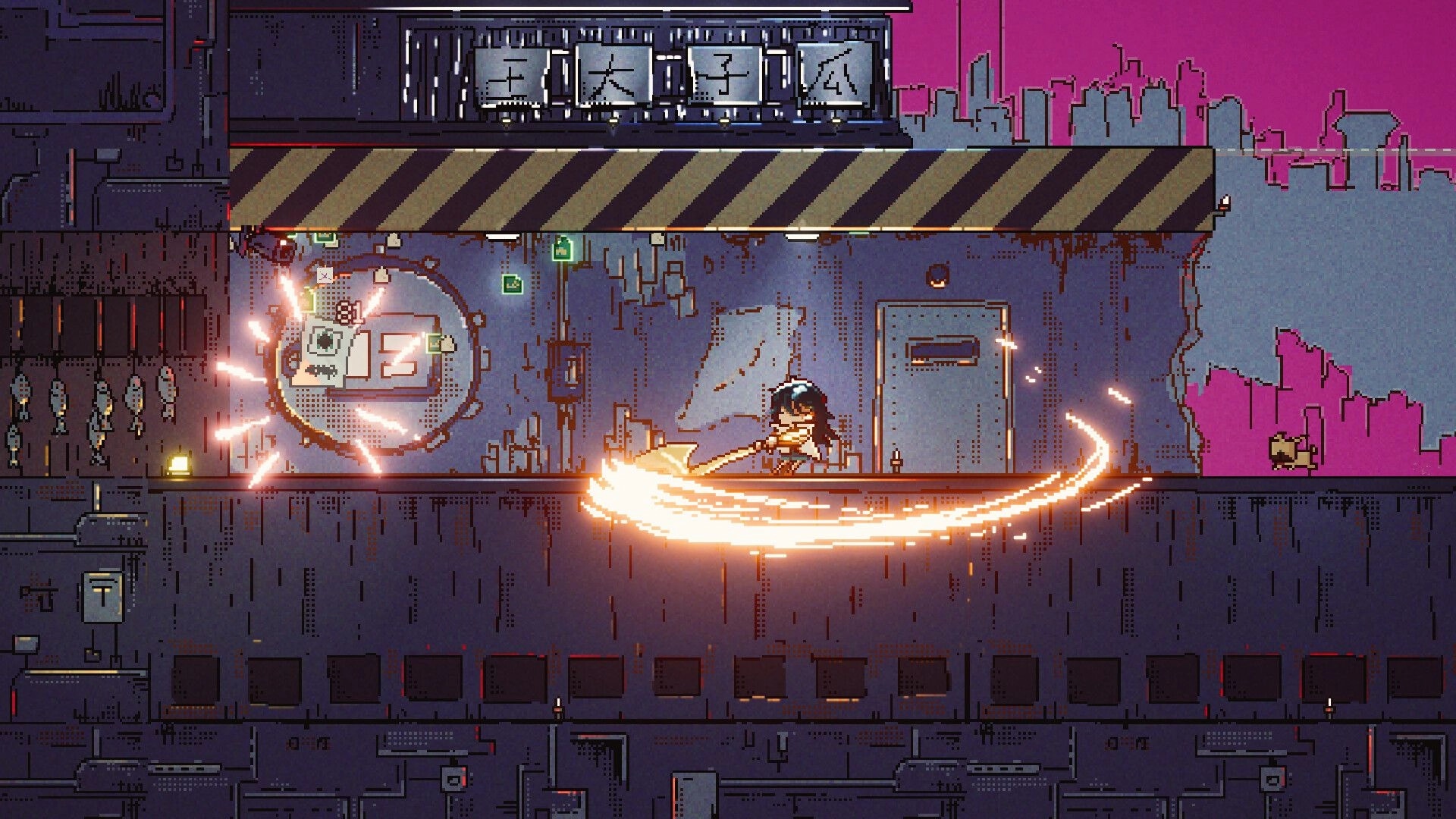 Cyber Paradise: Player character executes a fiery attack in a neon-lit industrial rooftop setting