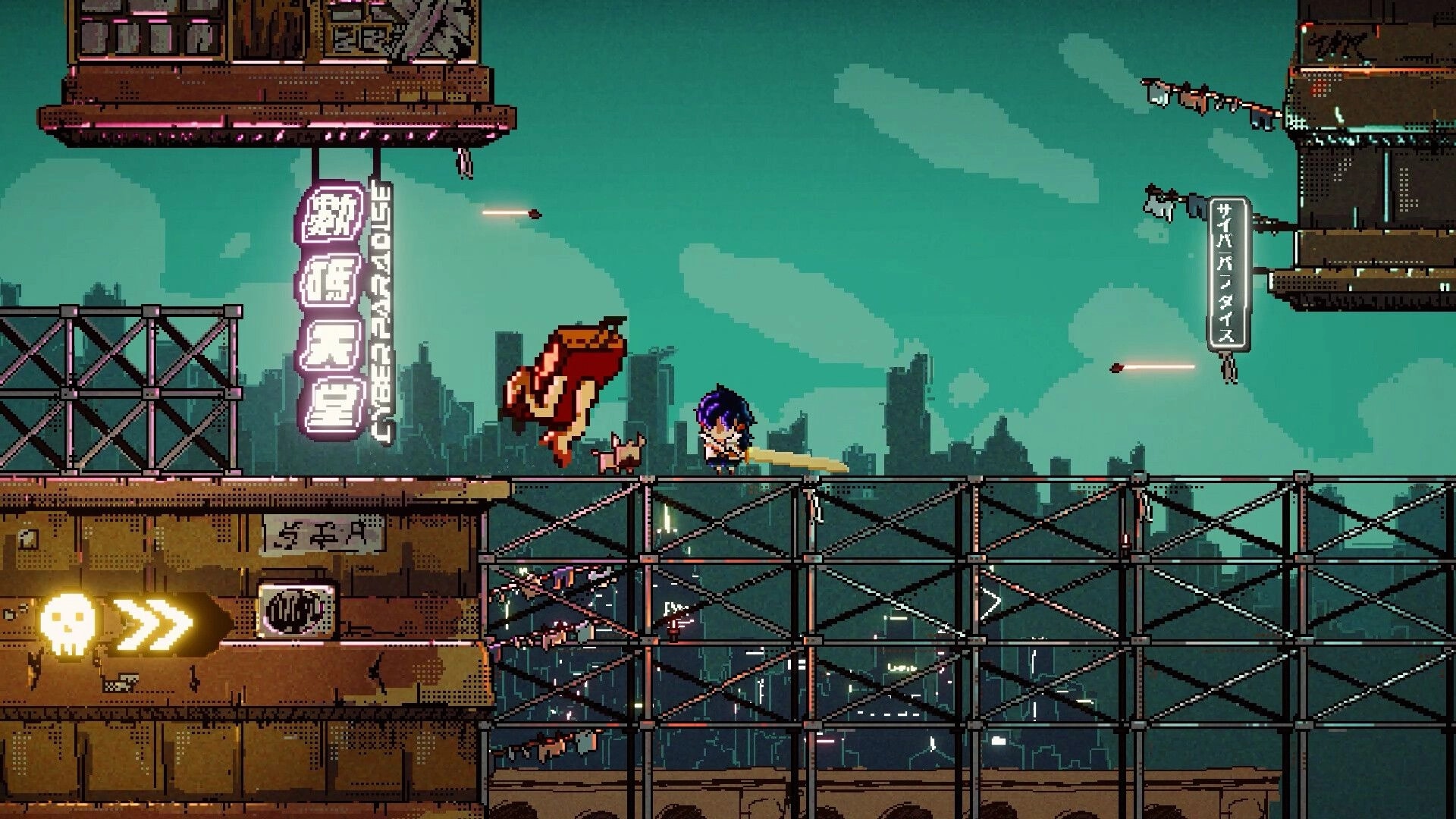 Cyber Paradise: Character battling enemy on neon-lit rooftop with city skyline in the background