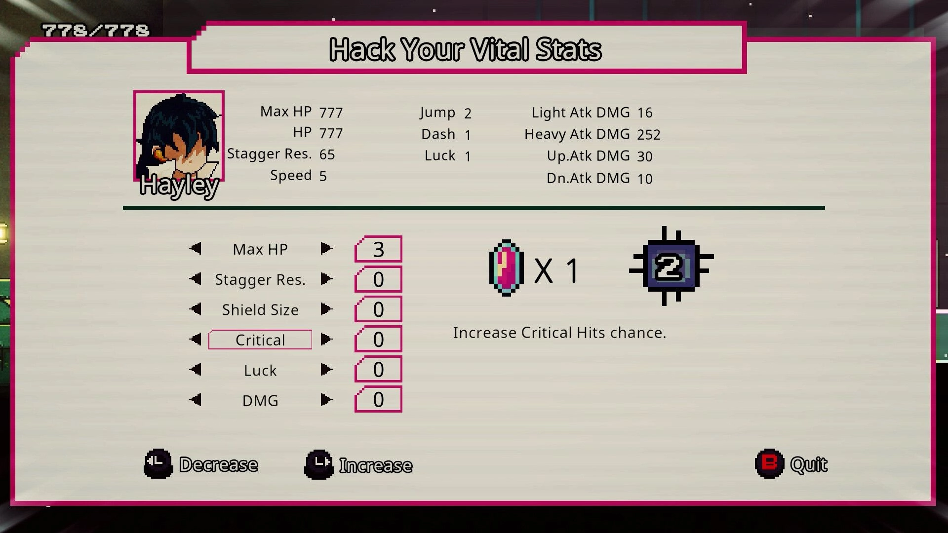 Cyber Paradise: Hayley adjusts vital stats in the neon-lit interface, enhancing critical hit chances.