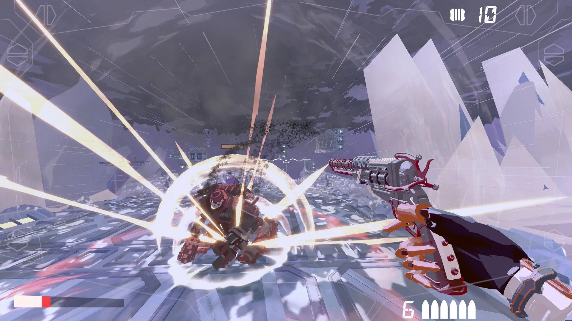 Cyber Rail: First-person pistol blast hits armored foe with ammo HUD on icy rail deck battlefield.