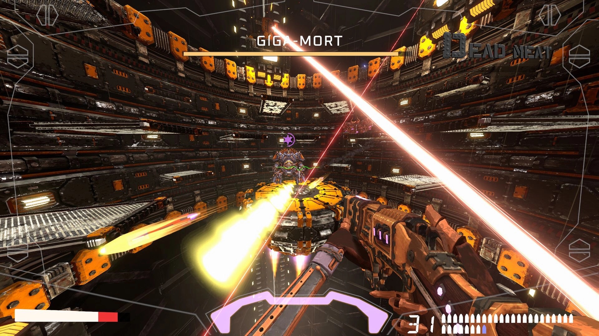 Cyber Rail: First-person boss fight firing at GIGA-MORT in a circular metal arena with lasers.