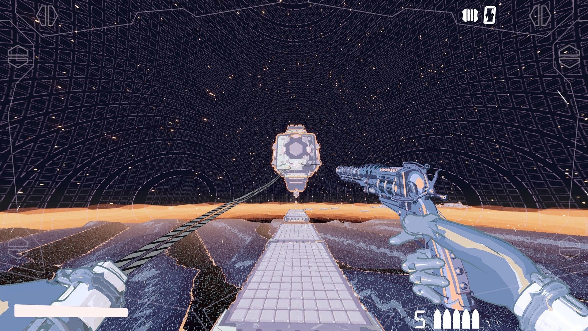 Cyber Rail: First-person pistol aim with grapple line to a drone over a tiled rail bridge in a grid dome.