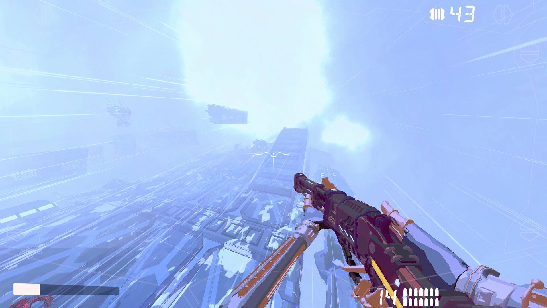 Cyber Rail: First-person aiming rifle with ammo counter while sprinting along a skybridge in fog.