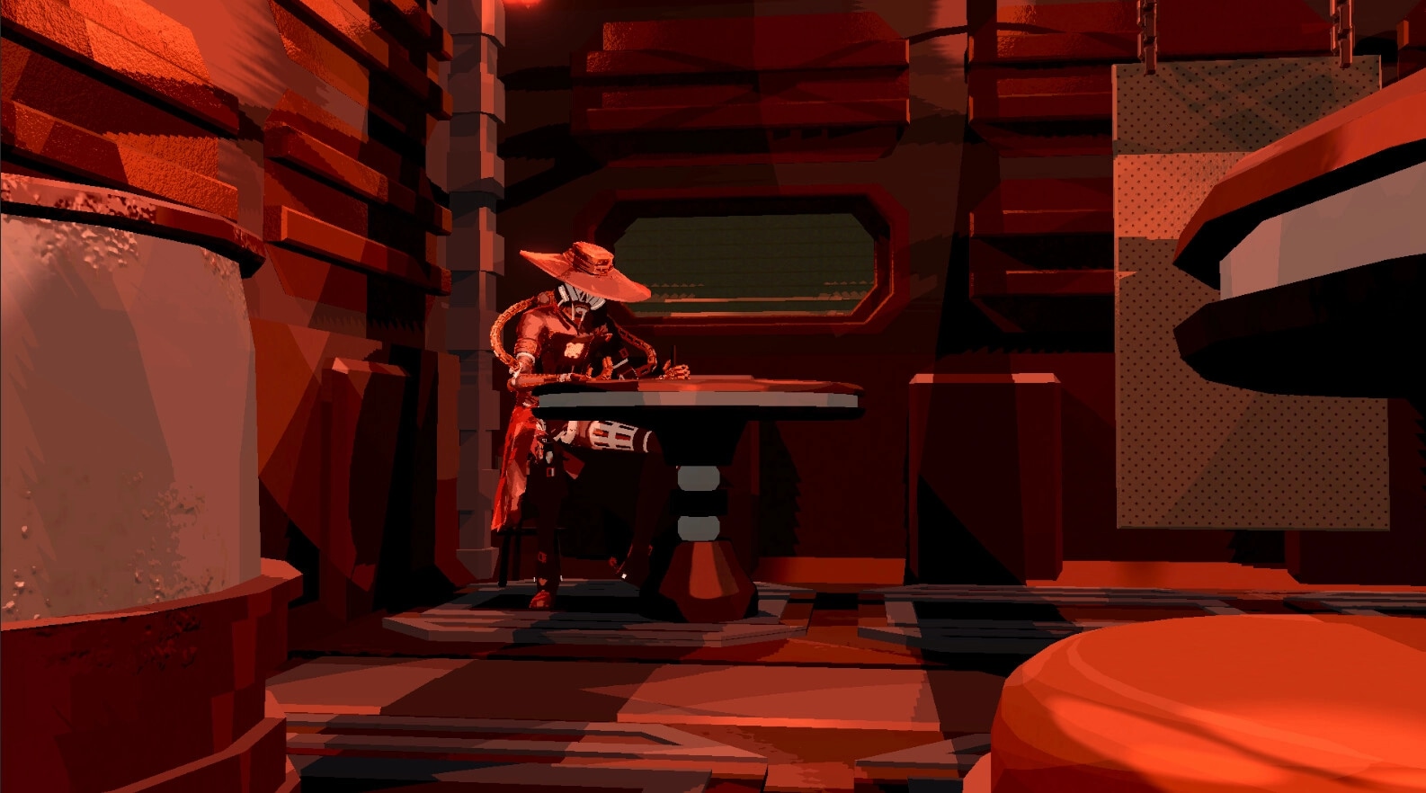 Cyber Rail: Masked outlaw in wide-brim hat leans on a table inside a red-lit train cabin.