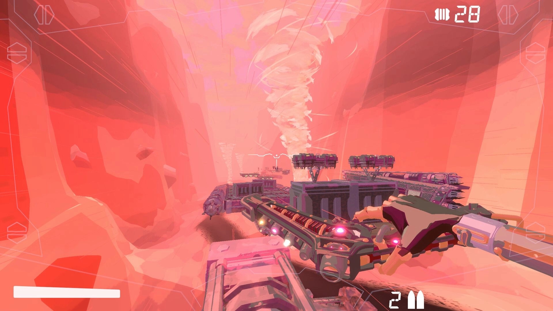 Cyber Rail: First-person aim with sci-fi rifle and ammo UI on floating train platforms in red canyon.