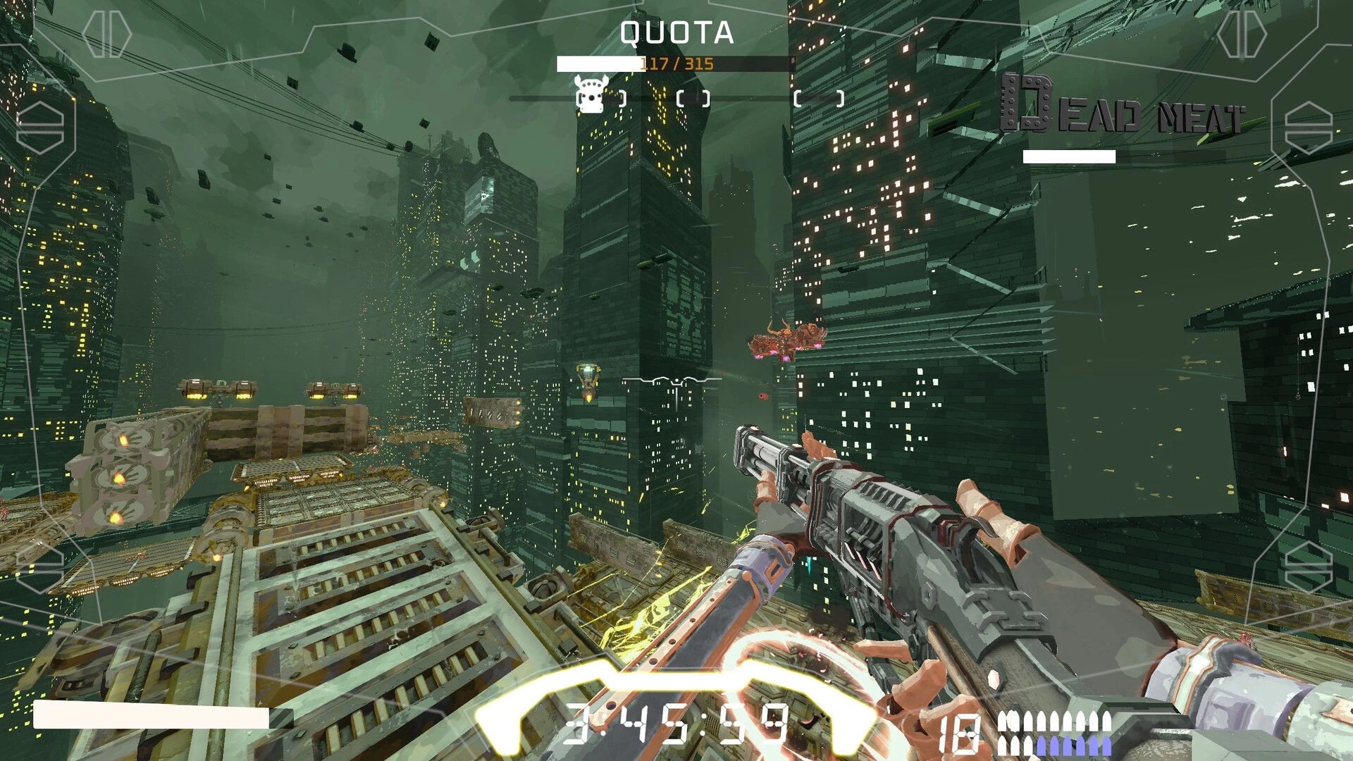 Cyber Rail: First-person rifle aiming at flying drone, QUOTA and DEAD MEAT HUD over neon megacity skyline.