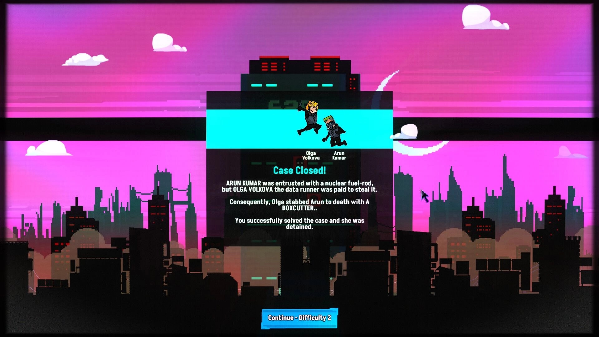 Cyberpunk Inquisitor: Case closed screen with Olga Volkova and Arun Kumar in a neon cityscape backdrop.