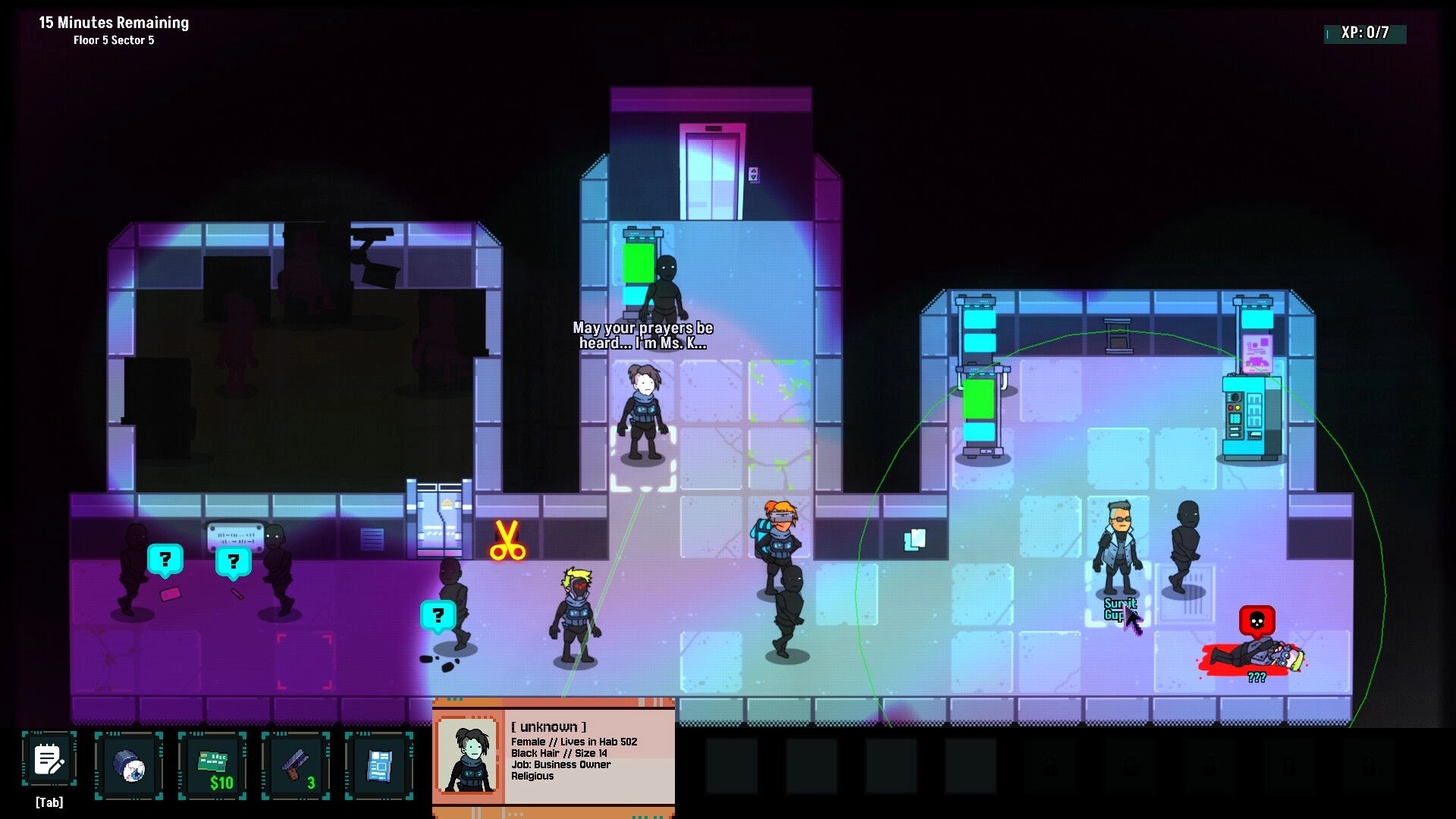 Cyberpunk Inquisitor: Inquisitor questions witnesses in a neon-lit hallway of a Megabuilding