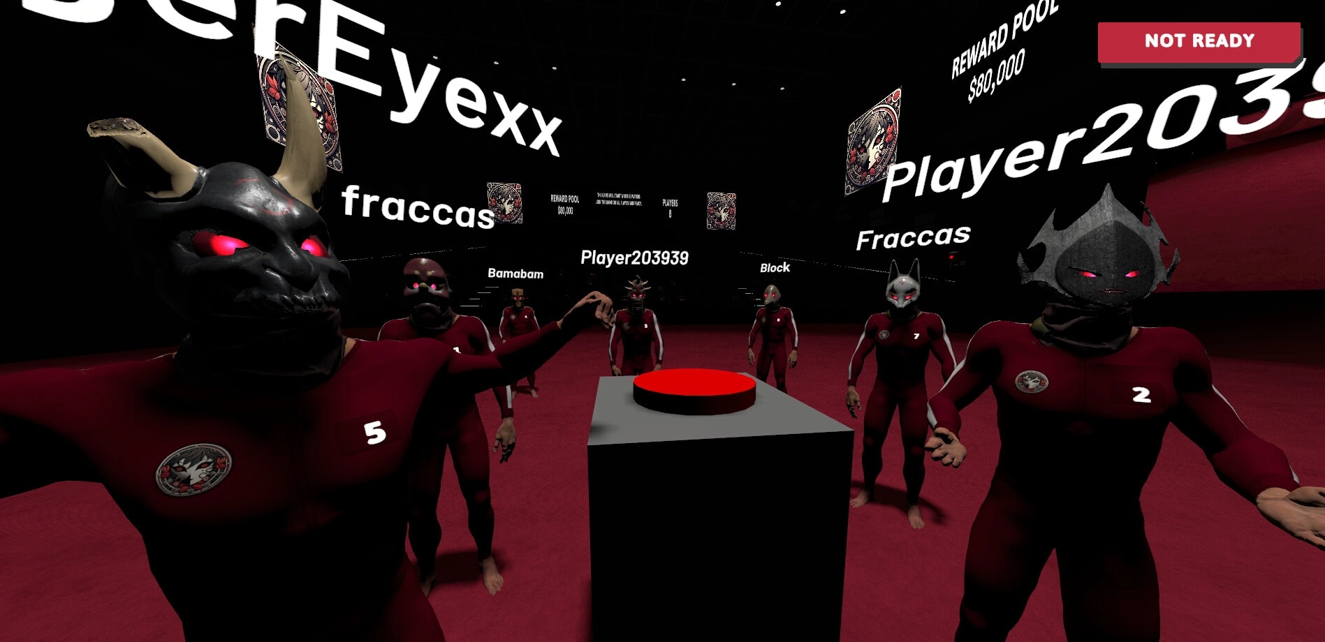 Damashi Game: Masked players in red suits gather around a button in a dark, competitive arena setting.