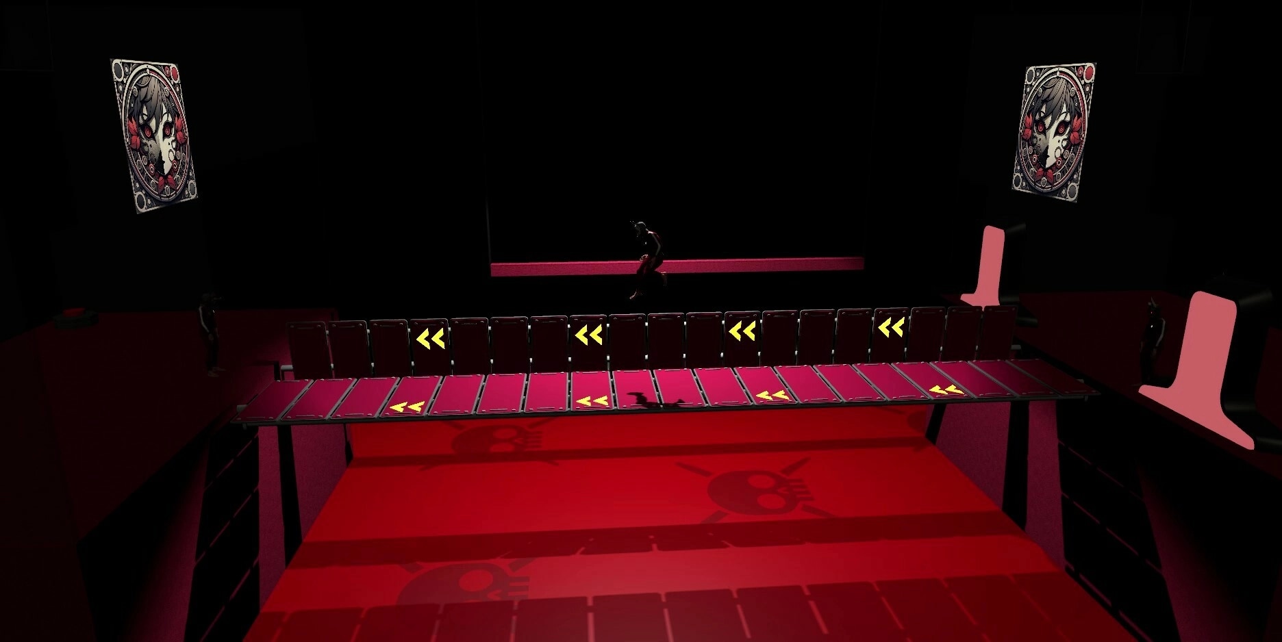 Damashi Game: Player runs across a narrow bridge with arrow patterns in a dimly lit arena setting.